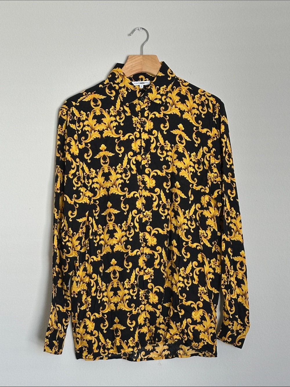 Fashion Nova Black and Yellow Baroque Button-Down Shirt